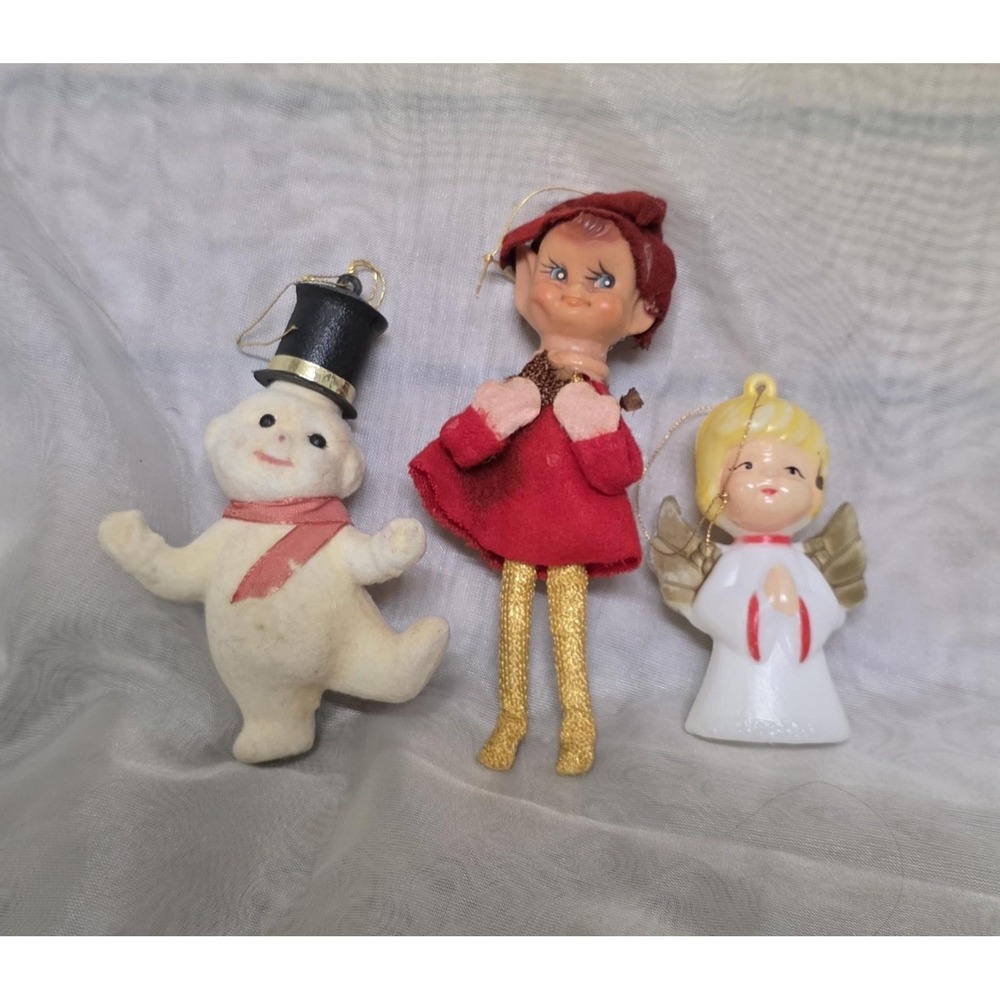 Vintage MCM Christmas Ornaments Lot Elf Pixie Flocked Snowman Blow Mold‎ Angel